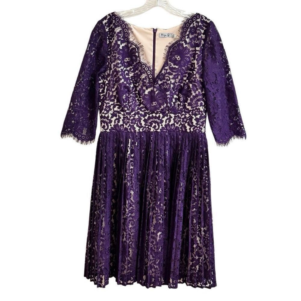 Eliza J Eggplant Purple Floral Lace Fit & Flare Cocktail Dress 3/4 Sleeves Size